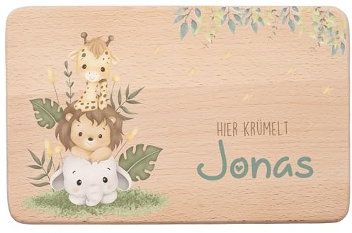 MINIHELDEN - Personalisiertes Frühstücksbrettchen Kinder Holz, Brotzeitbrett mit Namen und Tiermotiven, Individuelles Geschenk für Kinder und Babys zur Geburt, Taufe oder Weihnachten