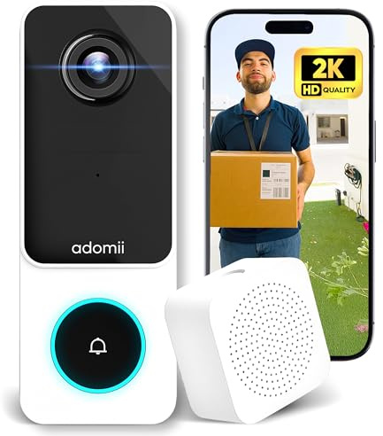 adomii Doorbell Camera Wireless - 2K Video Camera with 2-Way Audio and Night Vision, Wireless Cameras for Home Security Support Motion Detection & Alerts, 2.4G WiFi, IP65 Weather-Proof