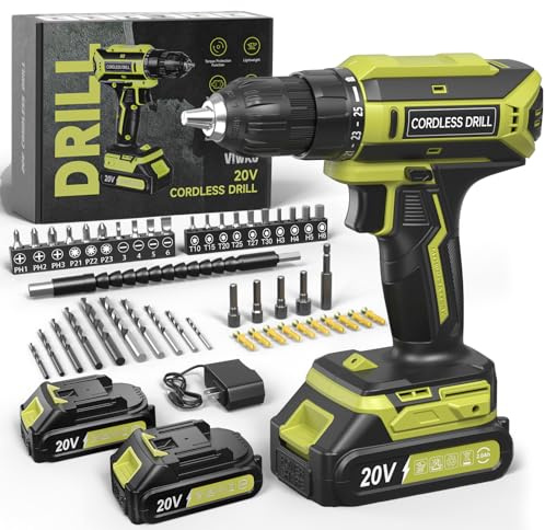 Cordless Drill, 20V MAX Power Drill Set with 2 Batteries & Charger, 3/8 Inch Keyless Chuck, Variable Speed, 25+1 Position and 56PCS Bits/Screws, Power Tools for Home Projects