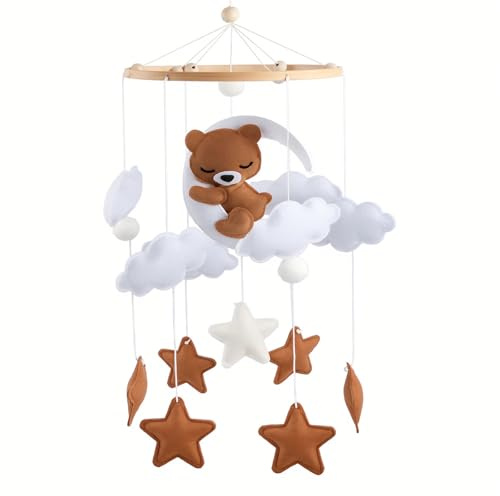 Mobile Baby Babybetten, Hängende Bettglocke, Baby Mobile Windspiele Schlummernder Bär mit Holzring, Baby Mobiles Filz mit Filzbällen Holz für Babyzimmer Deko, Wickeltisch (Braun)