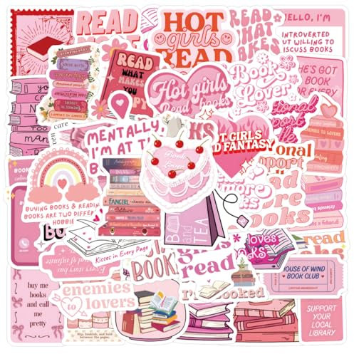 60 Stück Rosa Bookish Aufkleber - Buchaufkleber Süße Deko-Sticker für Kindle Laptop & Notizbücher | Aesthetic Vinyl Sticker für Buchliebhaber Geschenk für Frauen & Mädchen