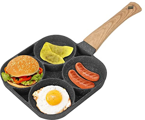CROWNSHOP Egg Frying Pan with 4 Hole Multi Pancake Pan Non-Stick Wooden Handle Poached Egg Pans for Induction Hob Stove Gas