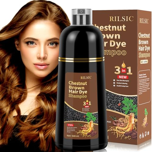 RILSIC Shampoo Colorante Donna Uomo, 500ML Shampoo Colorante Bianchi, Hair Dye 3 in 1, Tintura per Capelli Bianchi Istantaneo, Colore e Duratura, Tinta Capelli per Uomini Donne (Marrone Castano)