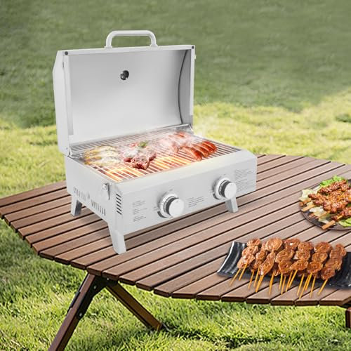Barbecue da tavolo in acciaio inox, pieghevole, da balcone, portatile, per campeggio all'aperto, con 2 fuochi, griglia, vaschetta raccogli grasso e coperchio