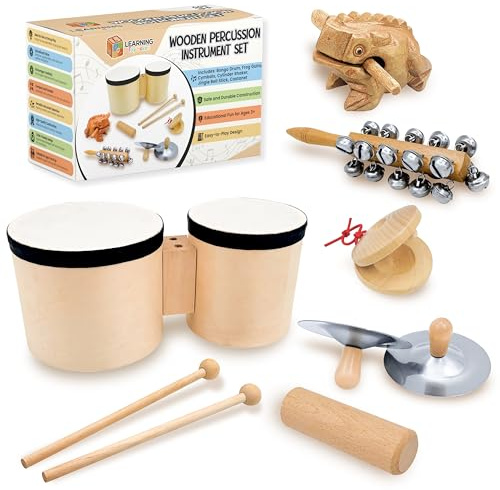 Set batteria e strumenti musicali per bambini piccoli - Set di strumenti a percussione in legno Montessori con tamburo per bongo, campane jingle, piatti, nacchere e guiro