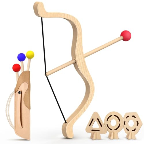 HSYFUNA Arc et Flèches pour Enfants en Bois, 3 Flèches 3 Cibles, Carquois Jouet Intérieur Extérieur (3-8 Ans) pour Droitiers Gauchers