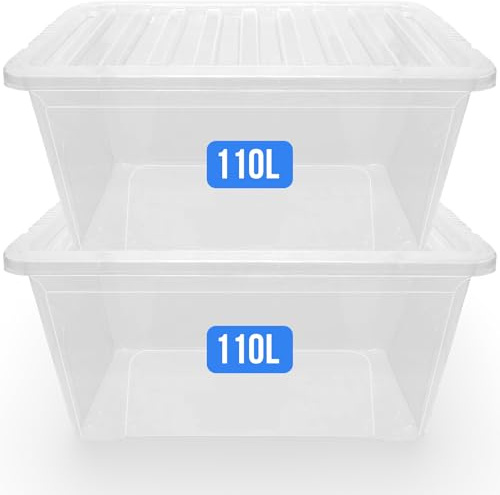 KAPCO 2 x 110L Stackable Storage Boxes with Lids - Extra Large Clear Plastic Containers for Home, Kitchen, Garage, Toys | Multipurpose Durable BPA Free Tubs with Clear Lid | 110 Litre (Set of 2)