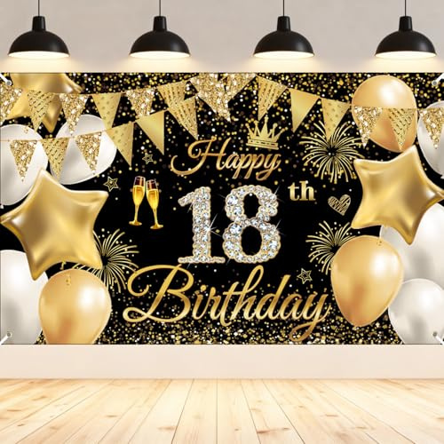 18.Geburtstag Deko Banner für Jungen und Mädchen, Schwarz Gold Happy Birthday Banner Groß, 18 Geburtstag Hintergrund, 18. Geburtstagsfeier Dekorationen, Extra Große Stoff Schild Poster 180 * 110cm