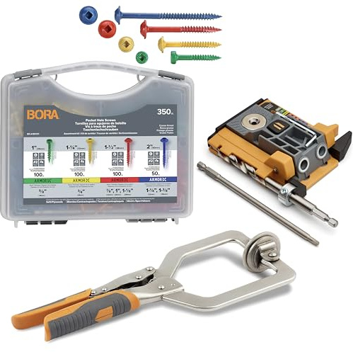 Bora Automatic Mini Pocket Hole Jig Kit, Face Clamp & 350 Screws | Drills Hidden Angled Screw Holes for Strong Joints – Face Clamp & Screws, Compact for Cabinets & Furniture DIY