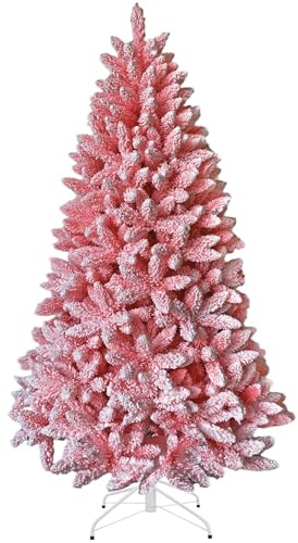7Ft Flocked Pink Christmas Tree Snow Dusted Artificial Pine Foldable Metal Stand 1084 Tips Hinged Branches Snowy Bushy Luxury Holiday Home Decoration