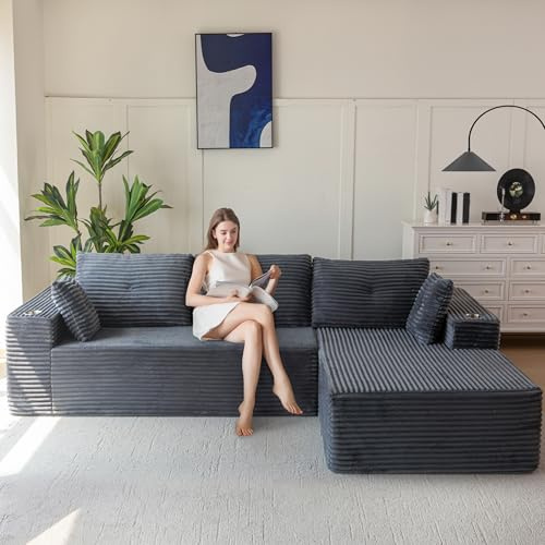 MAXYOYO Modulares Sofa und Chaiselongue, Cloud Boneless Couch, 3-4-Sitzer-Ecksofa Links/Rechts Verstellbar, Cordbezug, Übergroßes L-förmiges Schlafsofa für das Wohnzimmer, Keine Montage Erforderlich