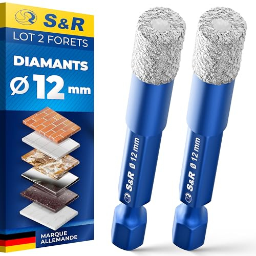 S&R Professional 2-delad diamantborr, diamantkakelborrsats 12 mm, glasborr, sexkantsskaft, för hård keramik, porslin stengods, granit, porslin, marmor, glas, kakel borrset i rund låda