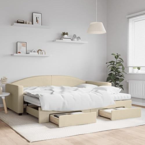 Bucmath Utdragbar dagsäng, krämfärgad 90 x 200 cm, tygöverdrag, komfortskummadrasser, robust sängram, sovrumsmöbler