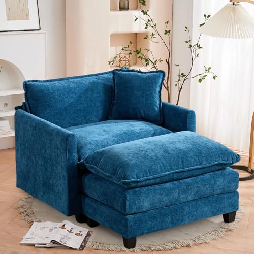 SoarFlash Chenille-Sessel Blau mit Hocker, Doppelkissen und Armlehnen | Tejido suave, resistente y transpirable, con cojines y brazos. Ideal salón, dormitorio y apartamento.