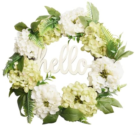 HEIBTENY Couronne d'hortensia verte artificielle de 40 cm avec panneau « Hello » pour décoration murale de porte d'entrée, anneau de suspension de fleurs artificielles en soie pour maison, fête de