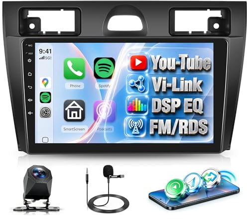Rimoody Autoradio per Ford Fiesta Mk5 2002–2008 Wireless Carplay Android Auto You-Tube Vi-Link Bluetooth FM/RDS DSP EQ, 9 Pollici Touchscreen Radio 2 Din con Mirror Link USB SWC Telecamera Posteriore