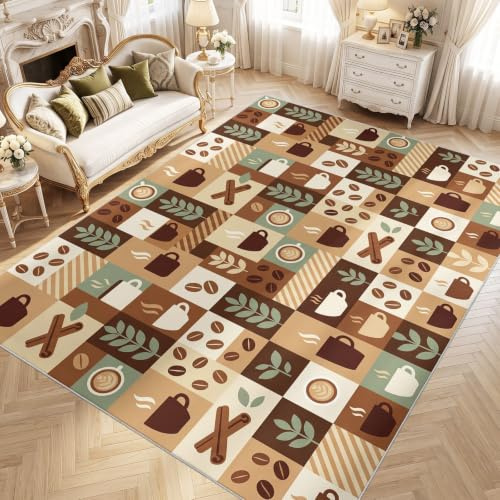 Läcker kaffeområde matta 120 x 180 cm brun vardagsrumsmattor för sovrum heminredning rutigt mönster växt kopp kryddmatta ultramjuk halkfri inomhusgolvmatta