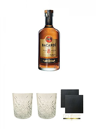 Bacardi 8 Jahre 0,7 Liter + Rum Glas 1 Stück + Rum Glas 1 Stück + Schiefer Glasuntersetzer eckig ca. 9,5 cm Ø 2 Stück
