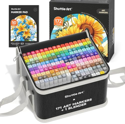 Shuttle Art Alcohol Markers, 171 Colours Professional Dual Tip Art Pens Plus 1 Colourless blender 1 Marker Pad, Felt Tip Pens with Case for Artists Adult Illustration Colouring Sketching Drawing