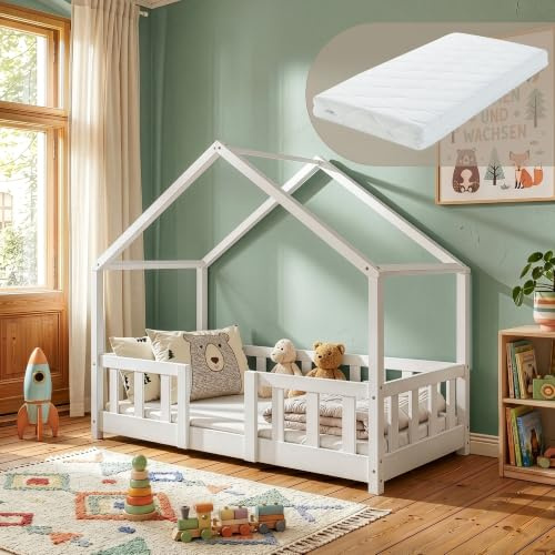 [en.casa] Kinderbett Treviolo mit Matratze 70x140 cm Weiß | Hausbett, Holzbett für Kinder, mit Rausfallschutz, Montessori, Bettgestell mit Lattenrost, Kiefernholz