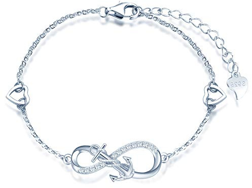 INFINIONLY Bracelet pour femme fille, bracelet en argent 925, symbole de l'infini avec ancre, décorer de diamant, cœur ou étoile, zircon incrusté, argent, bracelet ancre