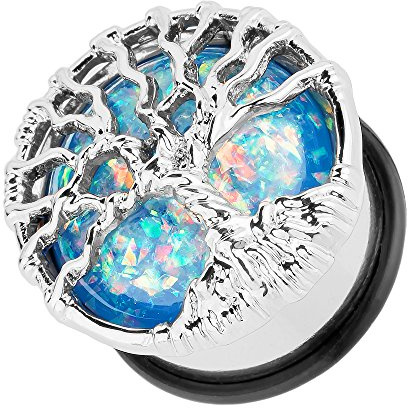 Taffstyle Ohr Plug Flesh Tunnel Piercing Ohrpiercing Edelstahl Single Flared Lebensbaum mit Opal Blau 16mm