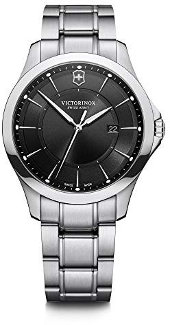 Victorinox Herren Armbanduhr Alliance Ø 40 mm, Swiss Made, Analog Quarz, Wasserdicht bis 100 m, Saphirglas, Edelstahl-Armband, Schwarz/Silber