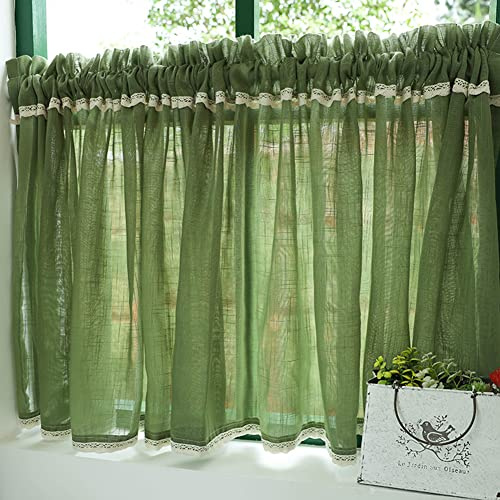 Ricemru Grün Kurzstores Gardinen Landhaus Leinen Häkelkante Scheibengardine Bistrogardine Landhausstil Vintage Kurz Halbtransparent Kurzgardine für Küche Wohnzimmer Kaffee,300x40cm