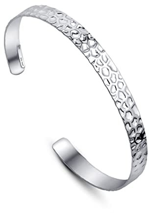 Amberta Damen Gehämmerter Armreif aus 925 Sterling Silber: Silbernes Dünnes Manschette Armband