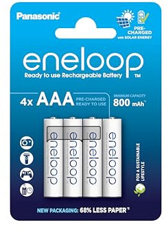 eneloop, AAA/Micro NI-MH Akku, 4er-Pack, Kapazität mit min. 800 mAh, Ready-to-Use NI-MH Akkus, bis zu 2000 Mal wiederaufladbar, plastikfreier Verpackung, Standard, weiß