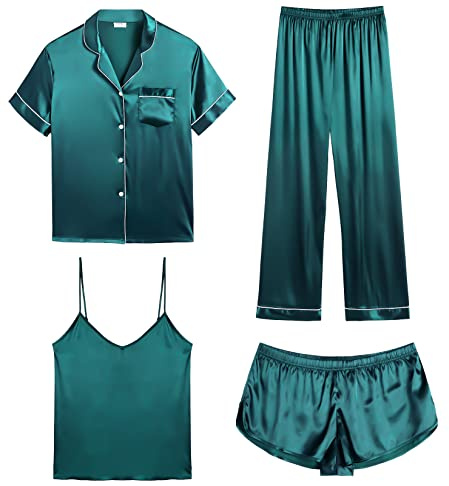 SWOMOG Damen Pyjama Kurz Satin 4-teiliges Seidenpyjama für Damen Silk Ärmellos Top Short Set Frauen Silky Pjs Einfarbig Hausanzug