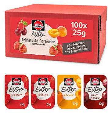 Schwartau Extra Portionen Mix-Box, Konfitüre Portionsschalen (50 x Erdbeere, 25 x Aprikose, 25 x Sauerkirsche), Großpackung, 100 x 25g