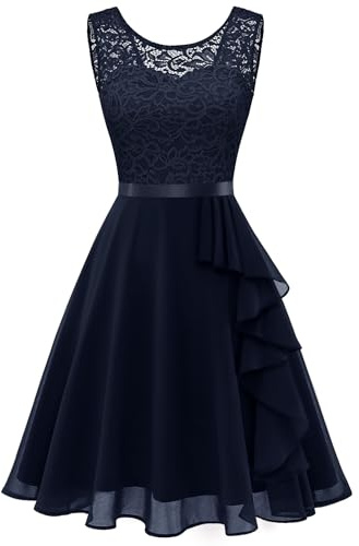 Berylove Klänning med volangfåll, cocktailklänning damer, elegant för bröllop, A-linje, spetsklänning, aftonklänning kort, Marinblå, XS