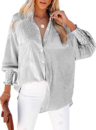 Camicia da donna a righe con risvolto smock con colletto casual a maniche lunghe camicetta top per tasca arricciata, nero, M
