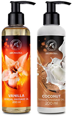 Sinnliches Massageöl Vanille - Kokos - 2x200ml - Körper Massage Öl mit Mandelöl und Traubenkernöl - Kokosöl - Essbar, Verzehrbar, Natürlich - Kissable Massage Öl - Entspannung Massageöl