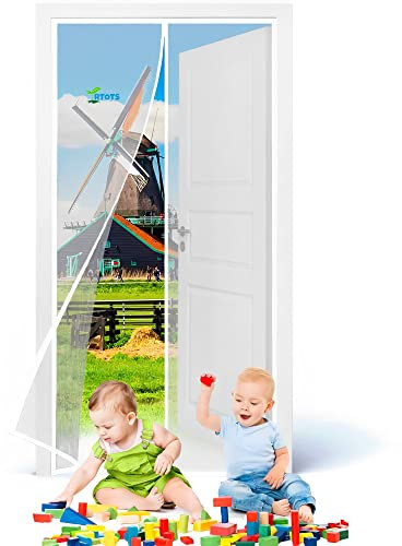 Bug Net Mesh Door Insect Snap Screen Fly Curtain Mosquito, 240 x 270 cm Full Frame Seal Fiberglass Mosquito Door Screen Mesh Curtain with Magnets & Bottom Weight bar【White】