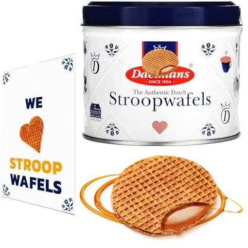 Traditional Dutch Stroopwafel Gift Tin - Containing Caramel Stroopwafel Tin 230g Bundled with We Love StroopWafel Card - Perfect Complement for Coffee Tea or Hot Chocolate. Great Gift Idea