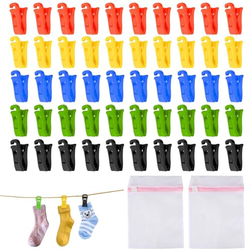 50 Stück Sockenklammern mit 2 Wäschenetz Waschmaschine Und Trockner, Sockenhalter Mit Haken, Bunt Sockenhalter Waschmaschine, Socken Sortierhilfezai Sockensortierer für Waschmaschine