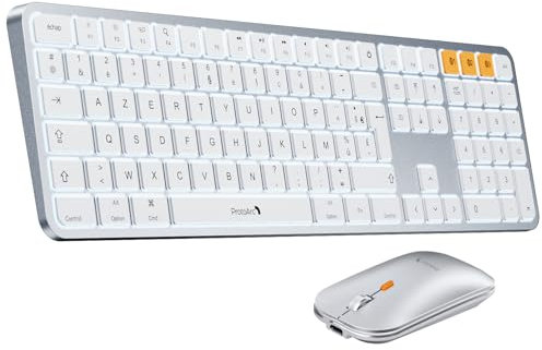 ProtoArc KM100-A Clavier Souris Mac sans Fil Retro Eclairé, AZERTY Bluetooth Ensembles Clavier et Souris, Keyboard Plat Blanc Multi-Appareils pour MacBook Pro, MacBook Air, iPhone, iPad