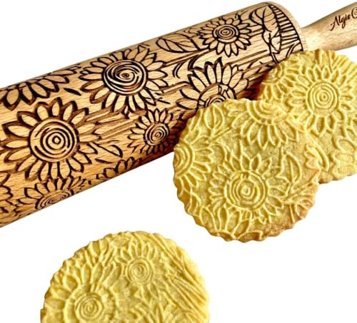 SUNFLOWER FIELD Embossed Rolling Pin for Ceramic. Clay Roller and Ceramic Stamp for Embossing Pottery. Baking Gifts for Women by Algis Crafts for Embossed Cookies