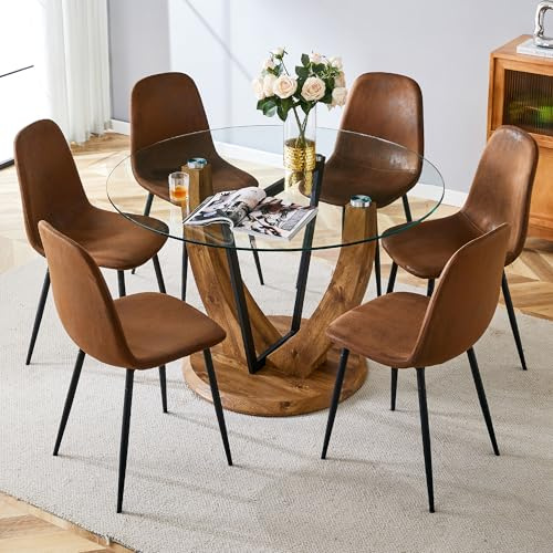 LFVFFA 48 Glass Dining Table Set for 6, Round Kitchen Table Set with 6 Chairs, Temepred Glass Tabletop with Wood Pedestal, Circle Dining Room Dinner Table Set for Kitchen