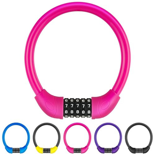 GOLDPOOL Fahrradschloss Kinder, Rosa Fahrradschloss mit Zahlen 500 X15 mm, Kabel Schloss Code Kombination, Kinderfahrradschloss 4-Stellige Rücksetzbare Kombination