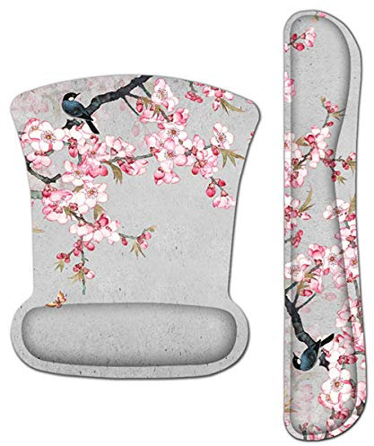 Ensemble de tapis de souris et clavier ergonomiques en mousse à mémoire de forme pour ordinateur de jeu et bureau pour taper facilement et soulager la douleur, antidérapant, confortable, léger (fleurs