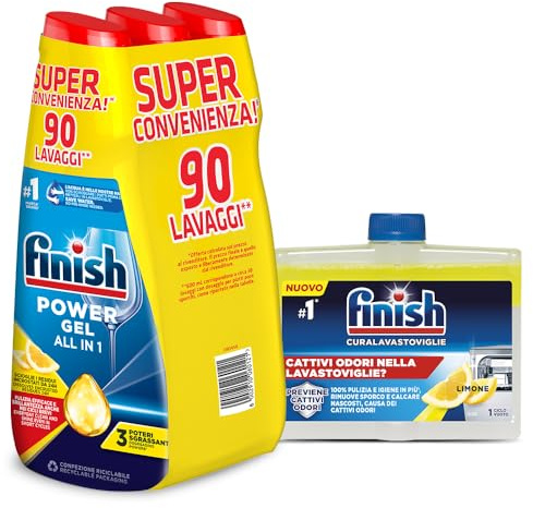 Finish Kit Lavastoviglie; Finish Powergel Detersivo Lavastoviglie Lemon 90 Lavaggi, Curalavastoviglie Limone 250ml
