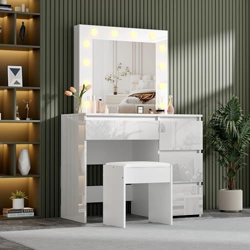 LSLIFE High Gloss Dressing Table with Mirror and Stool, Vanity Makeup Desk with 3 Color LED Lights Adjustable Brightness 4 Drawers Bedroom Dressing Tables Vanity Make Up Table Set for Women Girls