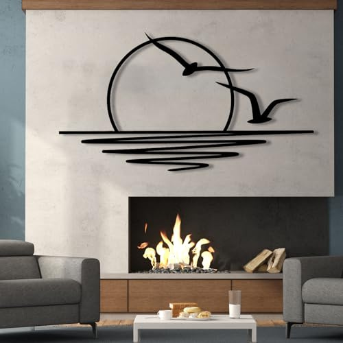 champracer Meer Sonne und Möwe Metall Wanddekoration, Sonnenaufgang Wandkunst,Wandbehang,Gartendekoration, Heimdekoration, Vogelkunst, Bettdekoration, Sonnenuntergang Dekoration (76x43 cm,schwarz)