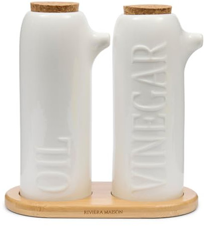 Riviera Maison Juego de botellas de aceite y vinagre de color blanco – botella de aceite de porcelana y vinagre con vertedor y soporte – Juego de cocina para vinagre y aceite – 350 ml – 18 x 9,5 x 19