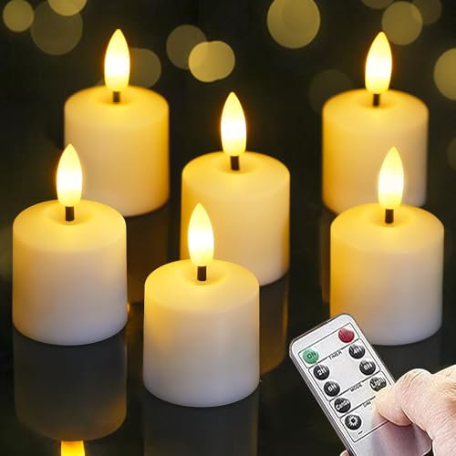 Mavandes Pequeñas velas LED parpadeantes sin llama con pilas y mando a distancia, 4cm x 6,5cm blanco, temporizador 2/4/6/8h velas votivas a pilas de plástico pilar larga duración paquete de 6