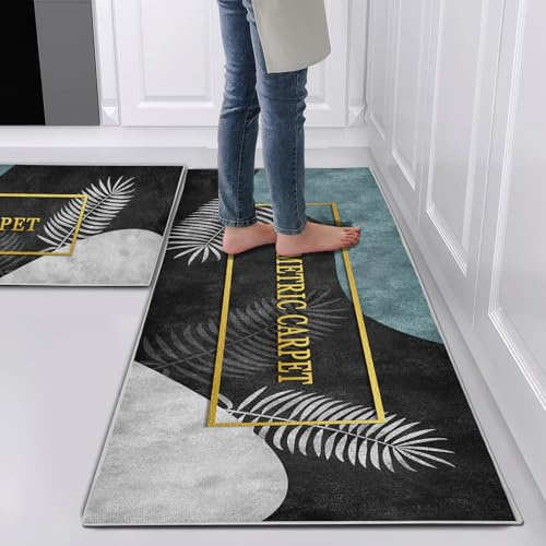 Hoimlm Küchenteppiche 2 Stück, Rutschfestes Küchenmatten, Küchenmatten Set Mit Schiebeaufkleber für Badezimmer/Wohnzimmer Flur, rutschfest Wasserdicht & Leicht abwaschbar (Style E, 40x60+40x120cm)