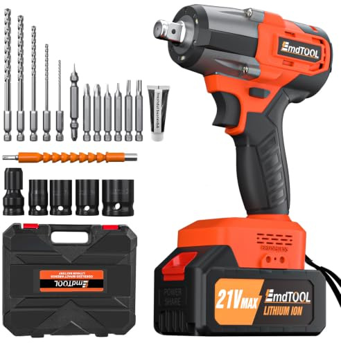 Cordless Impact Wrench,1/2 Brushless Power Impact Gun,2500RPM Electric Wrench, Max Torque 550N.m with 4 Sockets, 12PCS Screwdriver Bits, 4.0Ah Battery & Carry Box for Car Home (Orange)